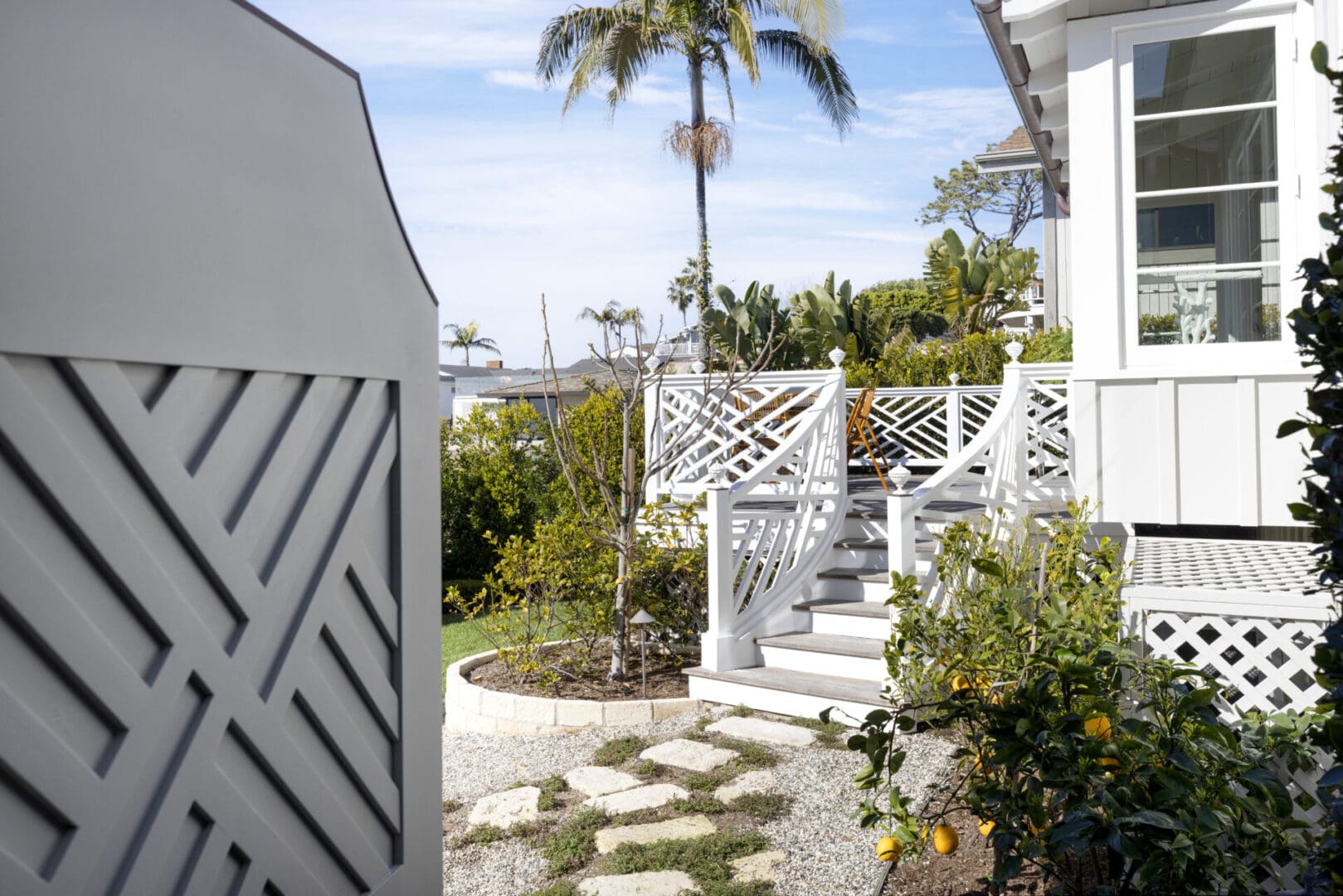 Close view of the stairs, plants and trees