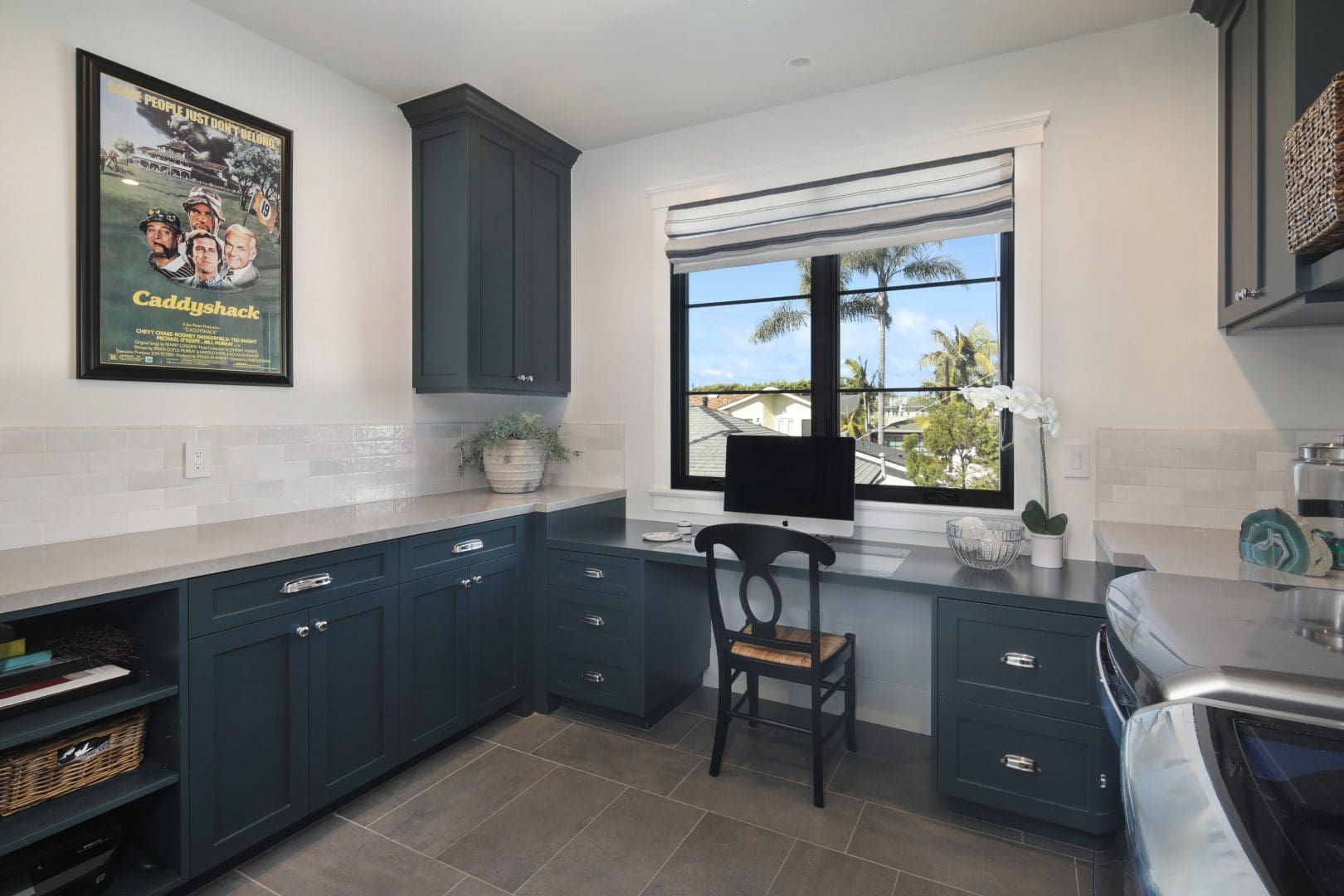 White walls with blue color cupboards