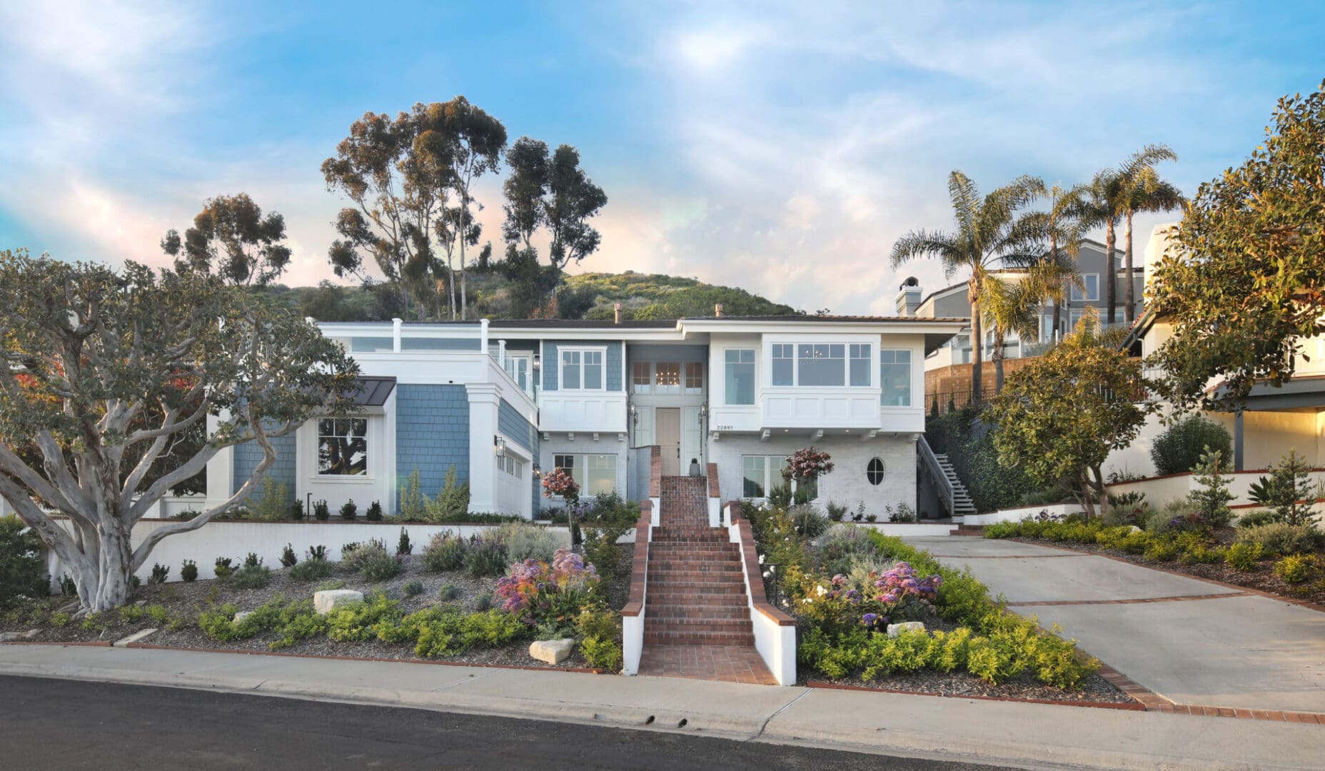 Straight view of the luxurious house with trees around