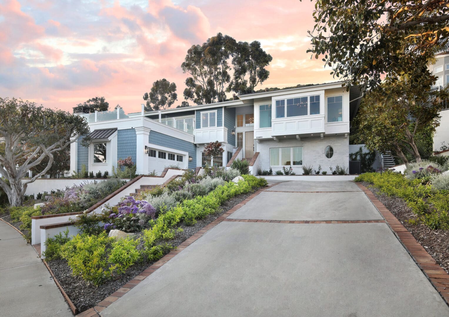 Exterior view of the luxurious house with trees around