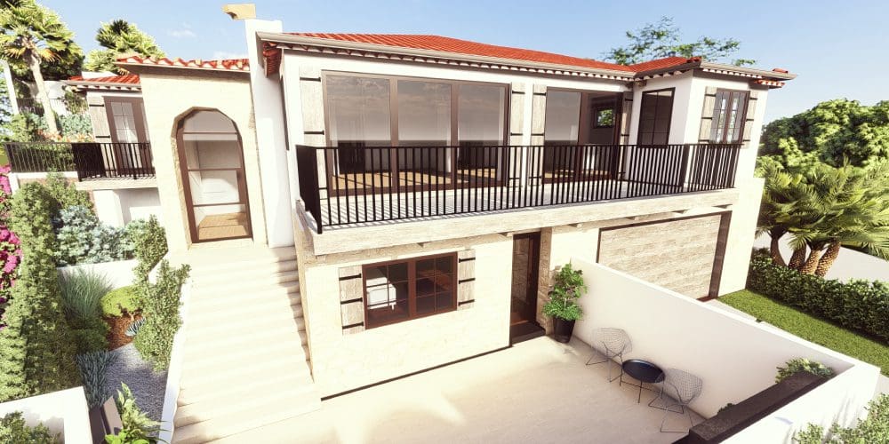 A 3d rendering of a house with a balcony.