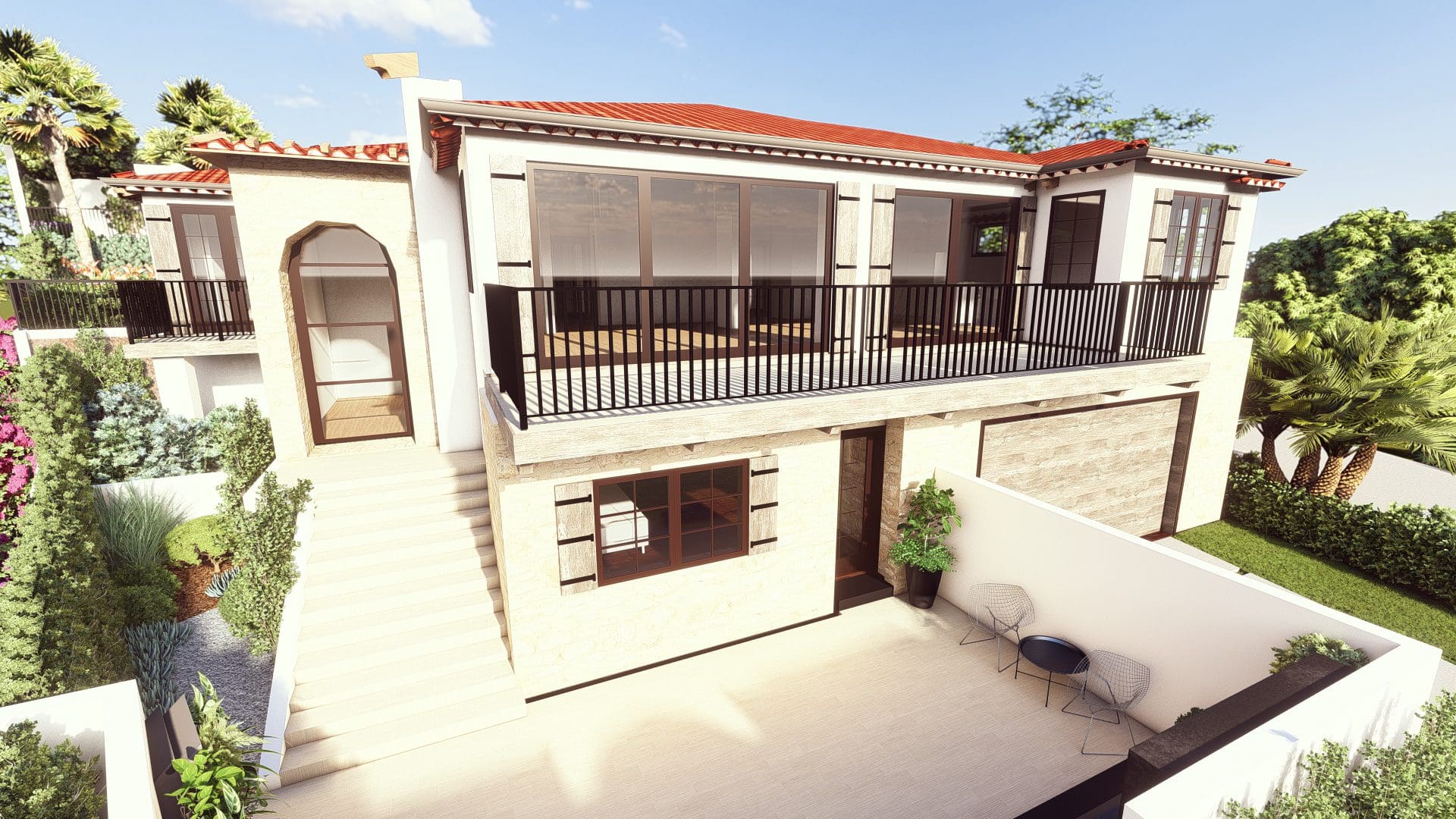 A 3d rendering of a house with a balcony.