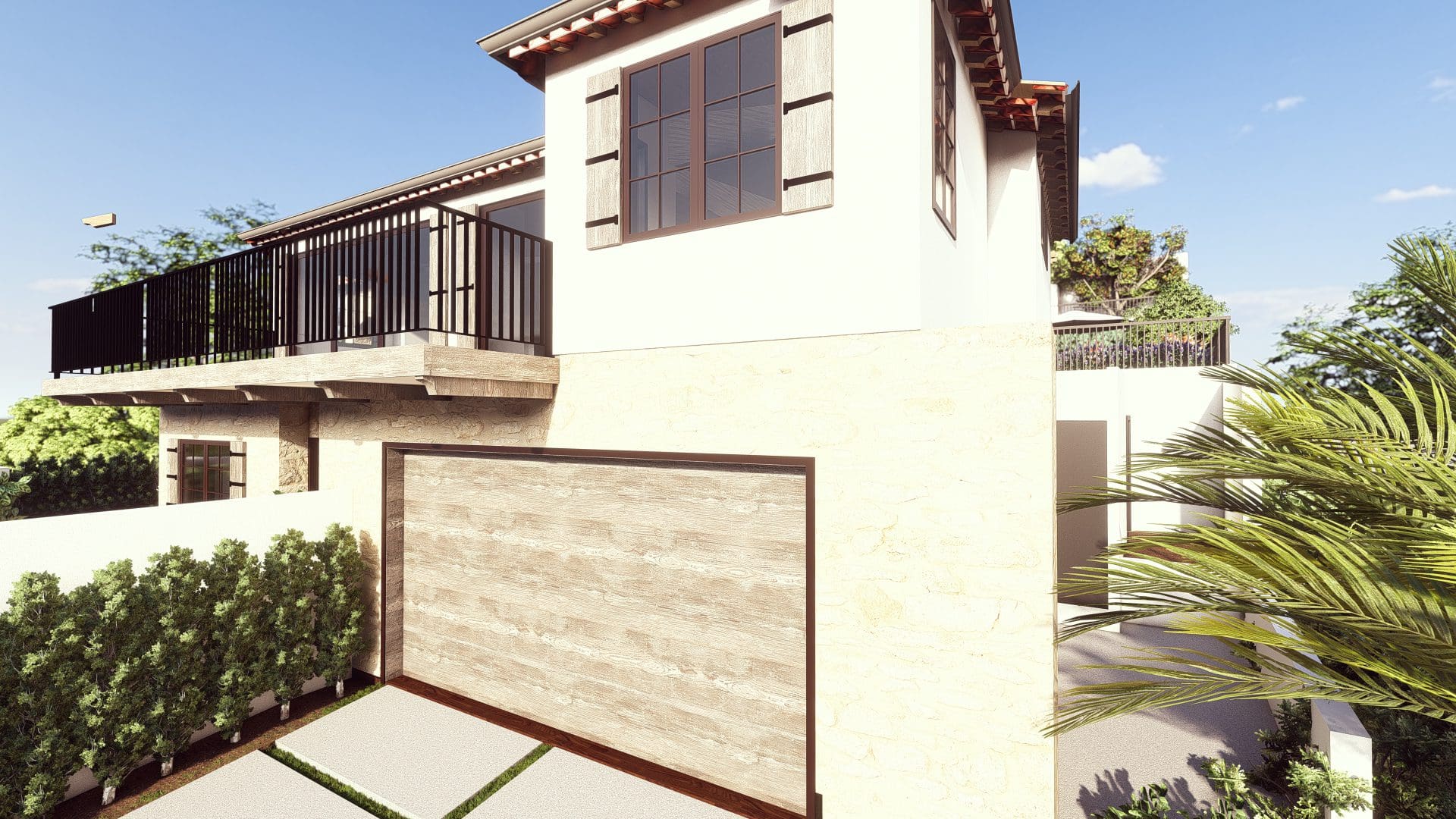 A 3d rendering of a house with a garage and balcony.