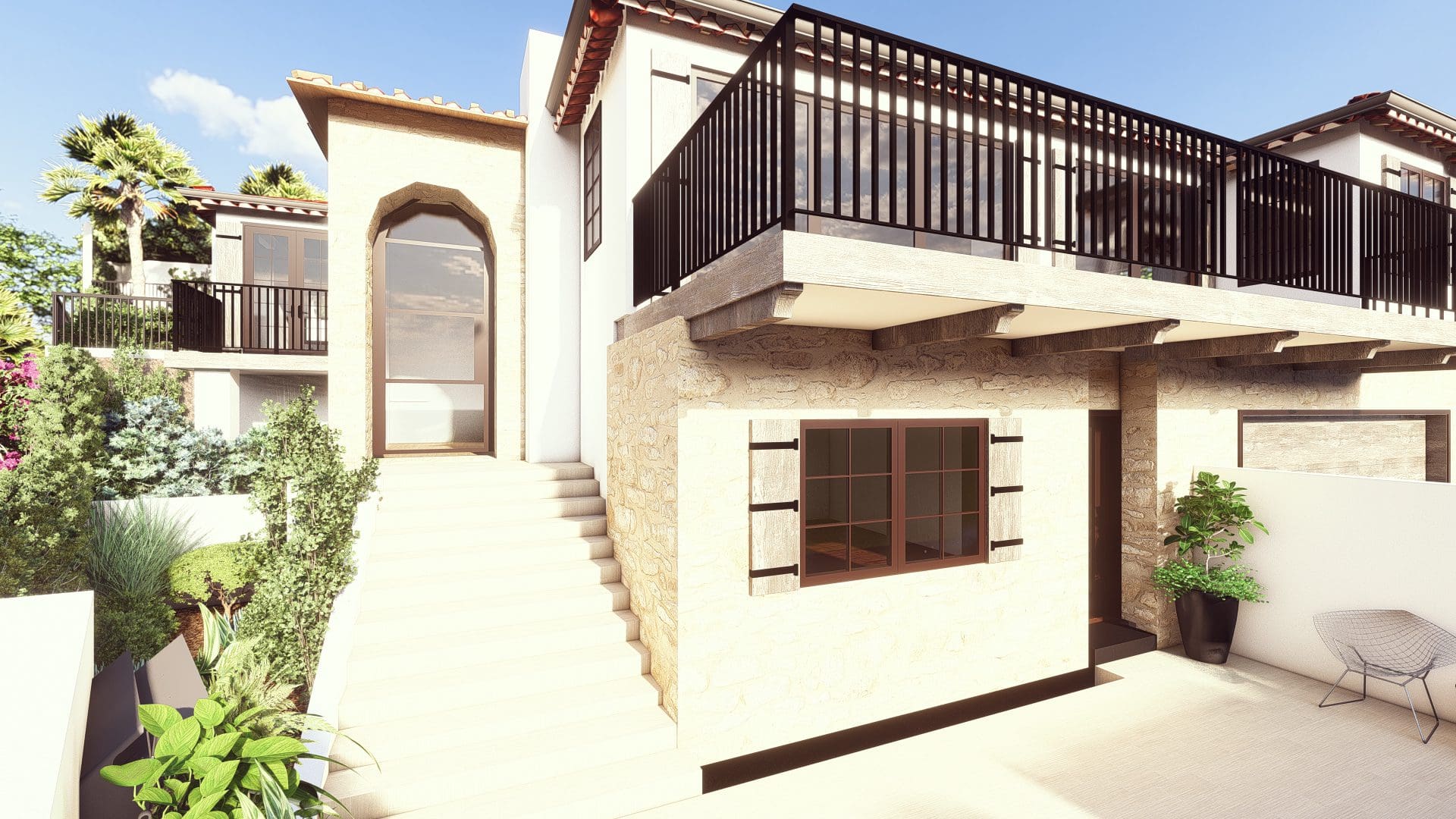 A 3d rendering of a house with balconies and stairs.