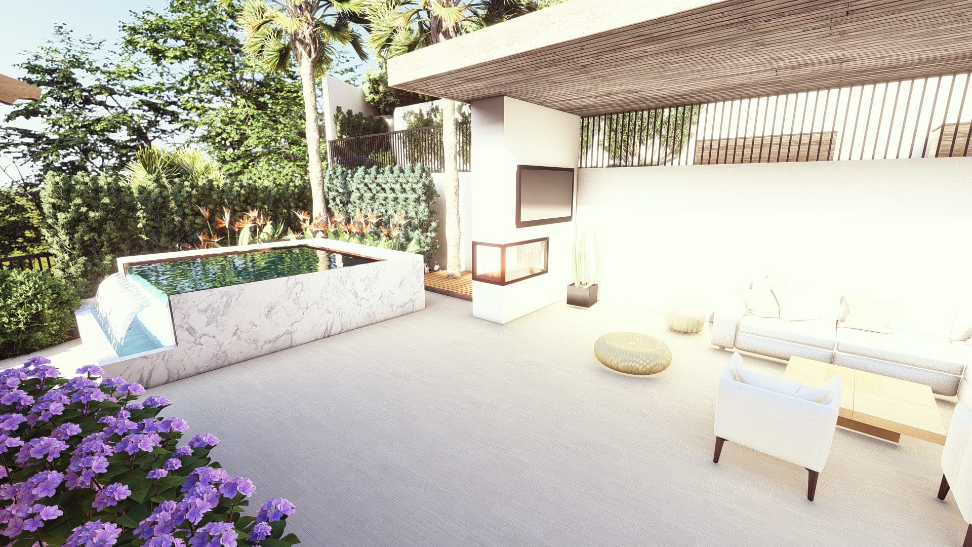 A 3d rendering of an outdoor living area.